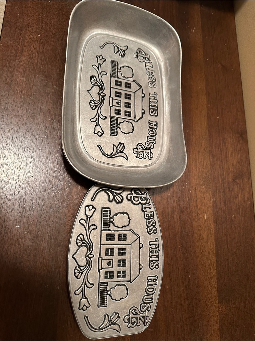 Wilton, “Bless this House” dish & Pewter trivet